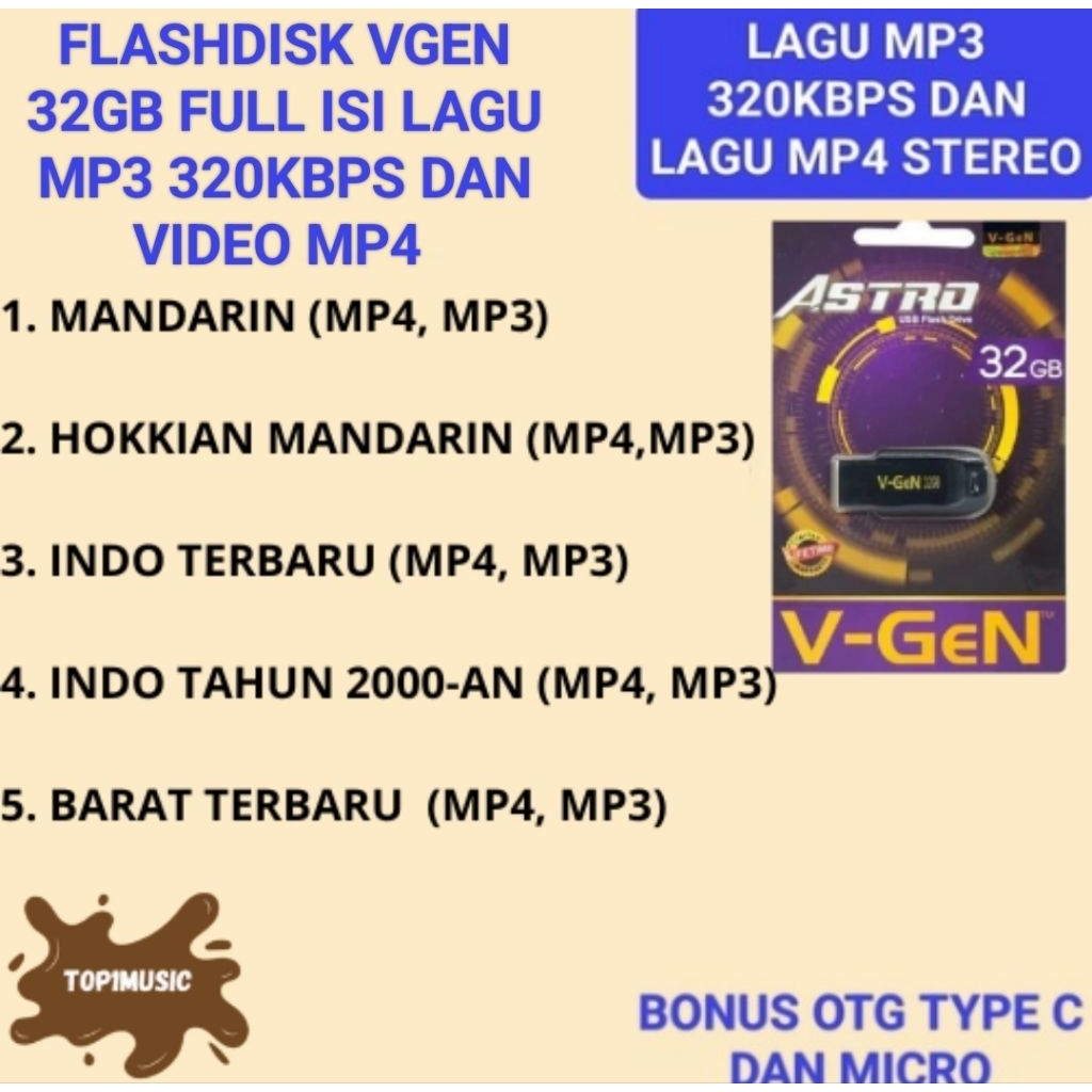 flashdisk vgen 32gb full isi lagu MP3 dan MP4 Mandarin