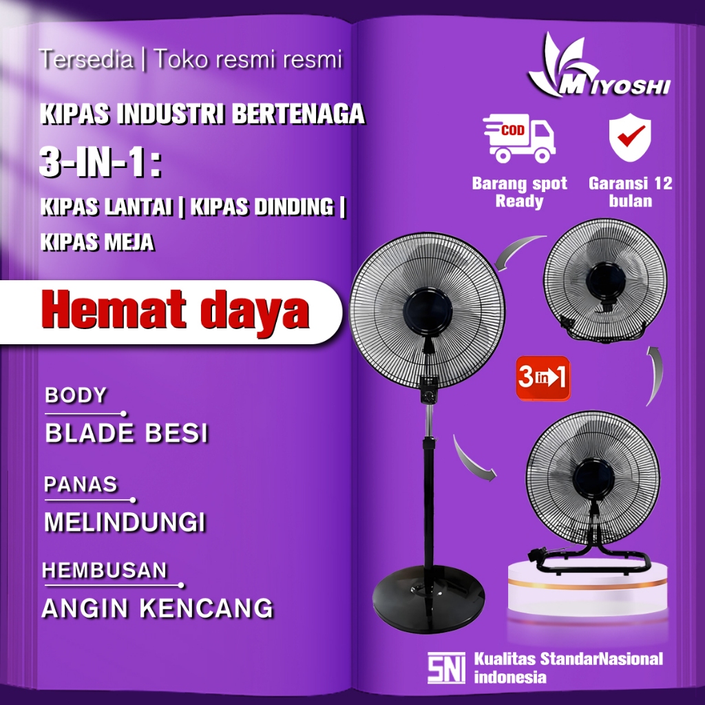 Miyoshi Kipas Angin Besi Kipas Tornado 12 Inch 18 Inch 3in1 Kipas Angin Berdiri Kipas Angin Duduk Ki