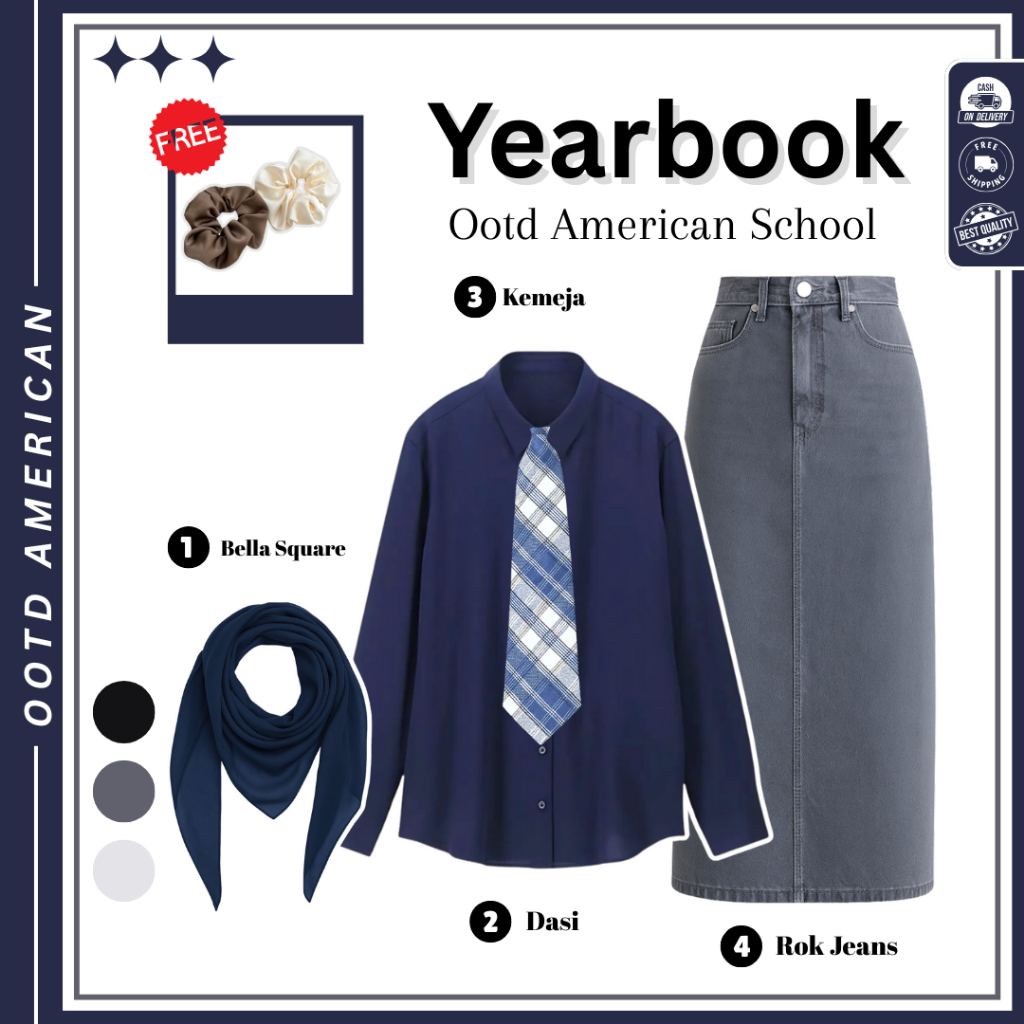 OOTD One Set American School ( Bella Square + Dasi + Kemeja + Rok Jeans ) One Set Wanita Viral - N99
