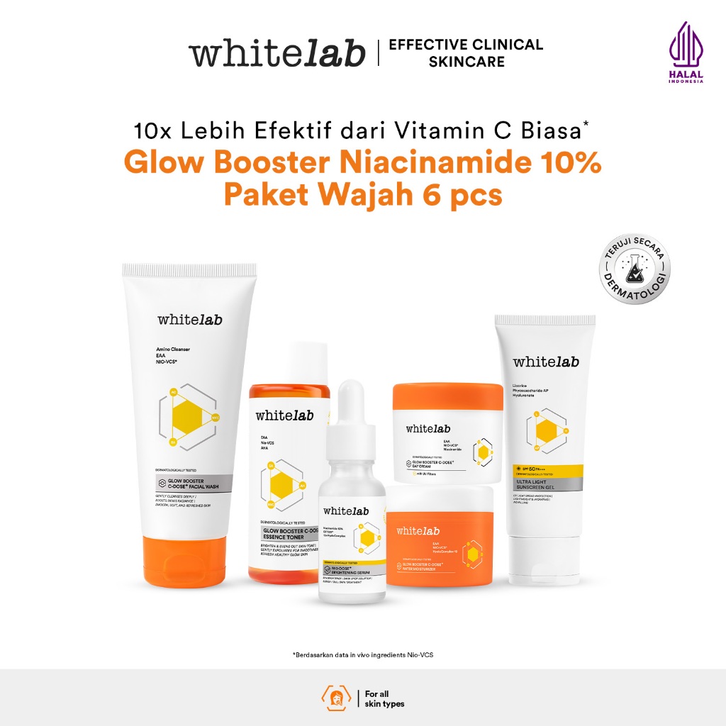 Whitelab 6 pcs Glow Booster C-Dose+ Brightening Paket Wajah - Facial Wash, Toner, Serum, Moisturizer