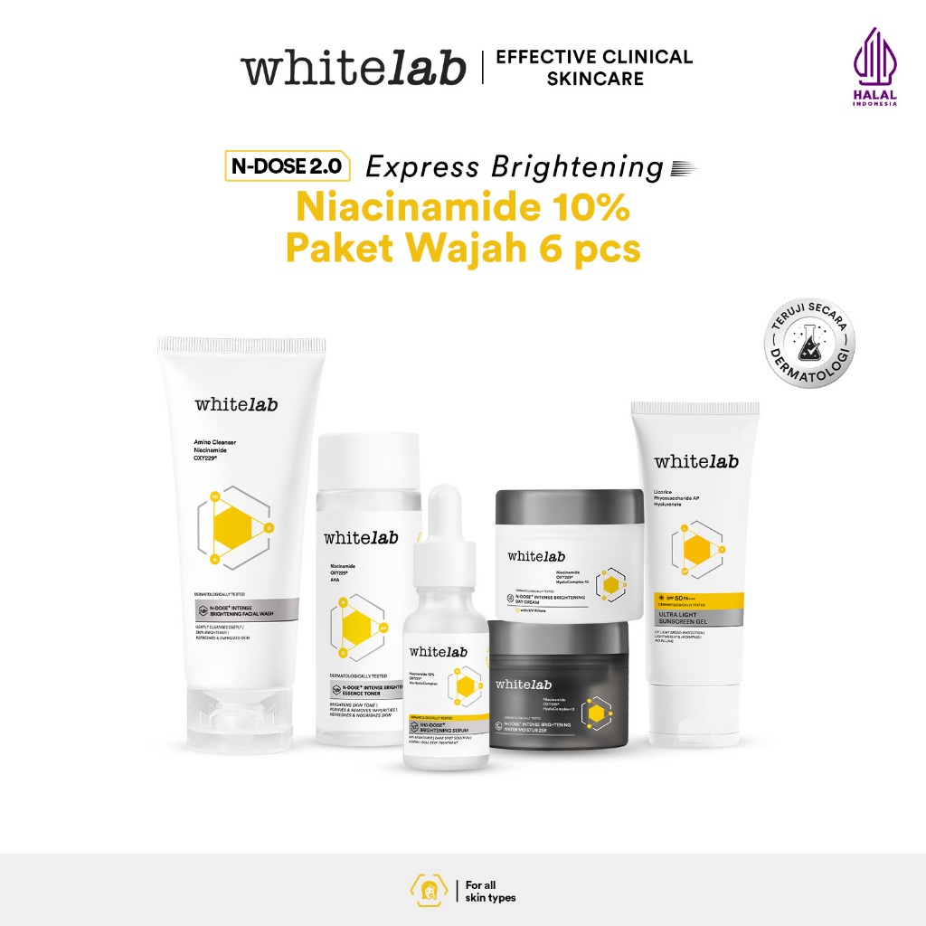 Whitelab Paket Wajah Brightening Niacinamide Facial Wash, Toner, Serum, Moisturizer, Sunscreen - 6 p