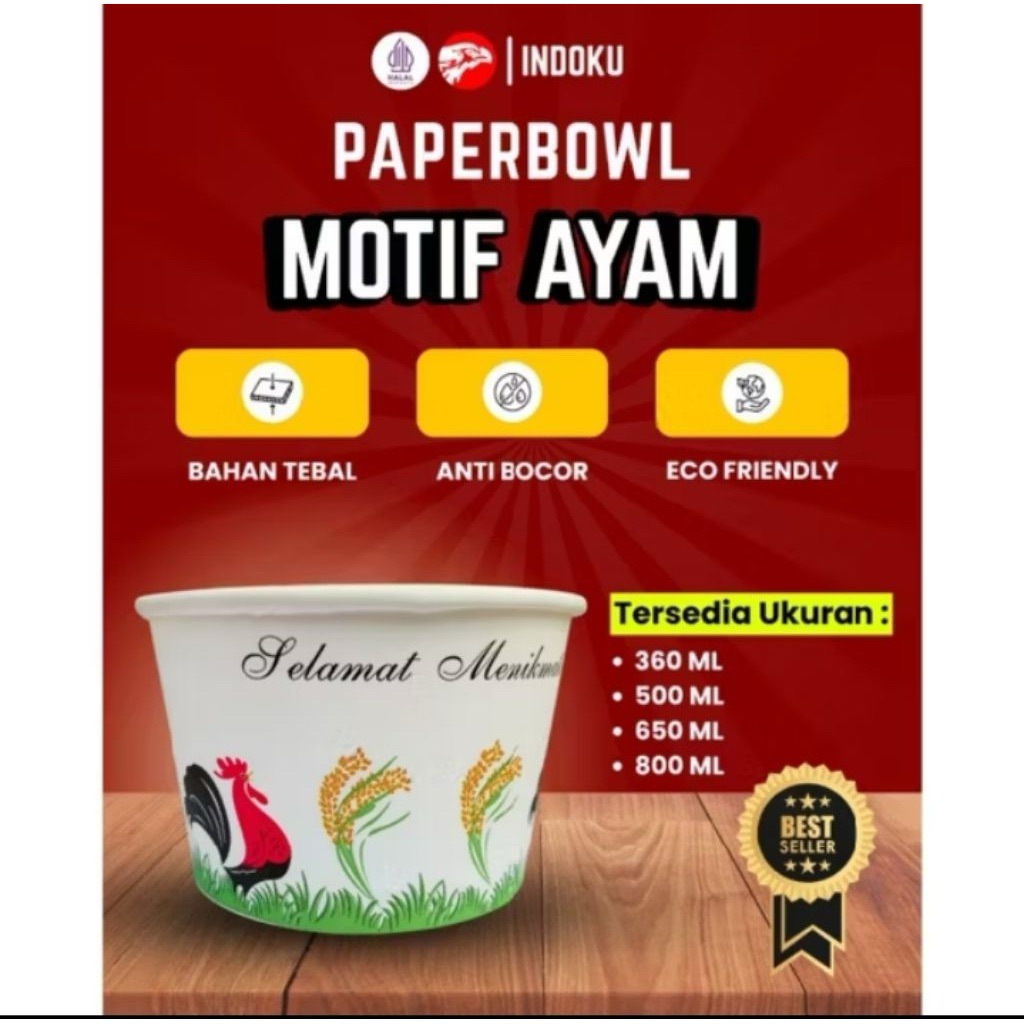 PAPER BOWL MOTIF AYAM 360ml/500ml/650ml/800ml 1pack isi 25pcs bowl/bowl+ tutup