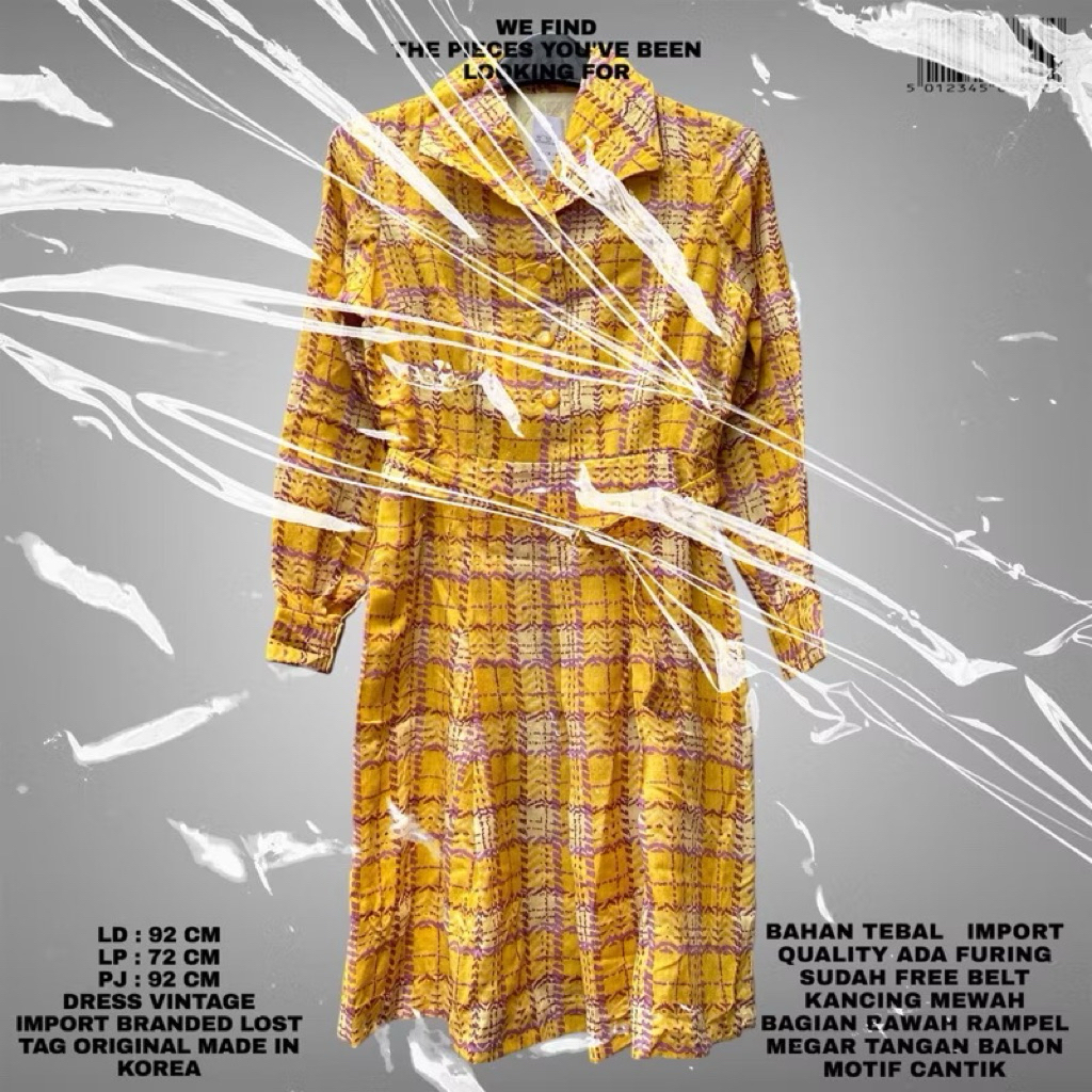 KOREAN DRESS ORIGINAL/YELLOW DRESS KOREAN LOOK/DRESS KOREAN STYLE/DRESS KOTAK BAHAN PREMIUM VINTAGE 