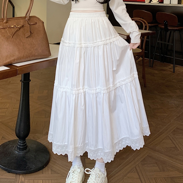 Moogu - Rok Panjang Mixi Skirt Rok Korea Rok Renda Putih Murni Wanita Daily Rok