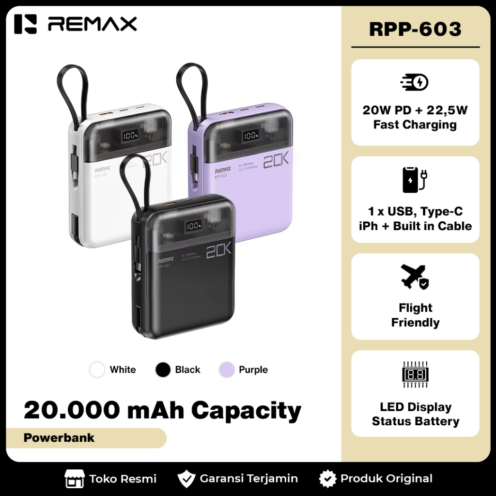 [Sertifikat CCC] Remax Powerbank RPP-602/RPP-603 10000 mAh 20000 mAh PD 20W QC 22.5W Built-In USB-C/