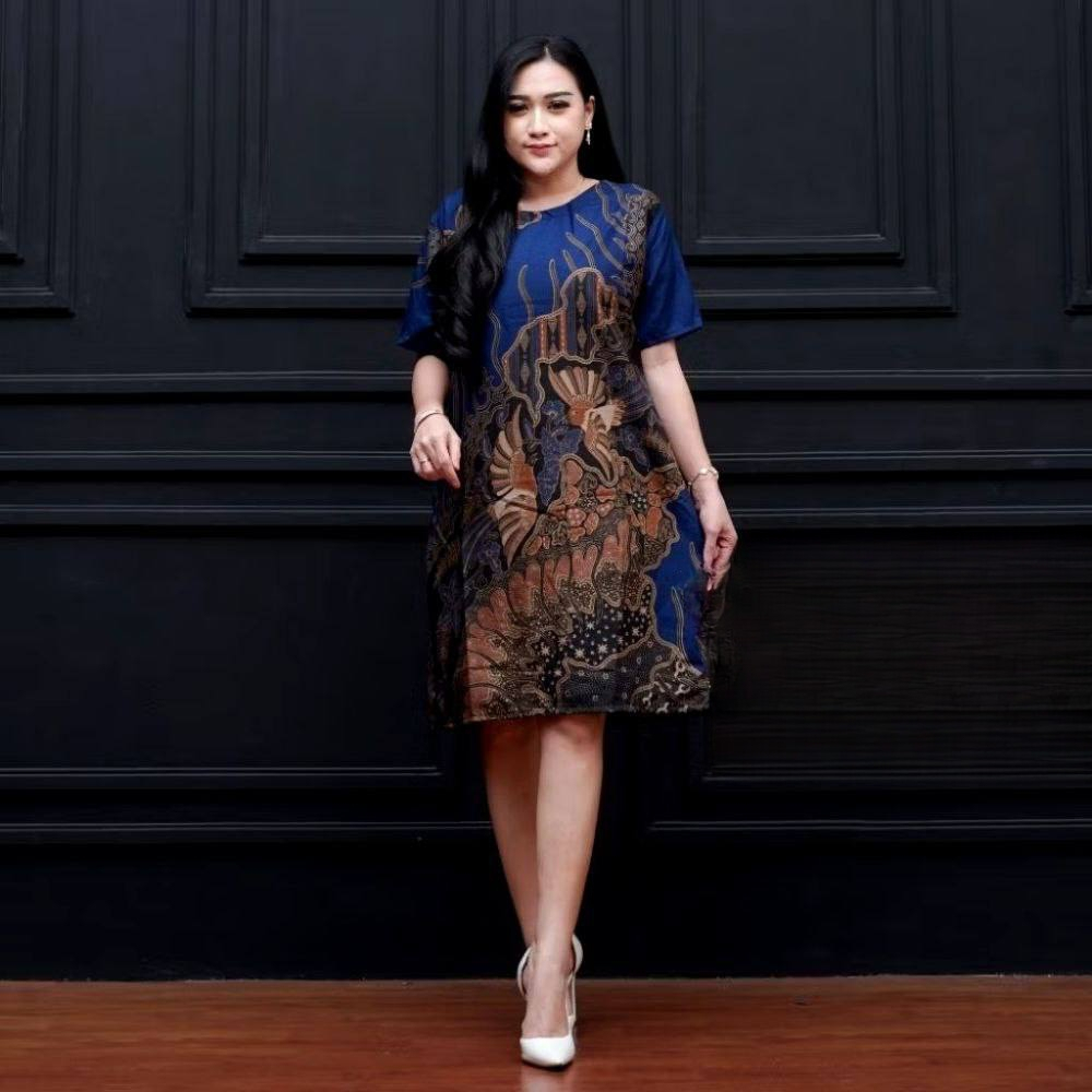 Dress Batik Wanita Modern Lengan Pendek Premium Elegan Atasan Kantor Jumbo Variasi Motif 03