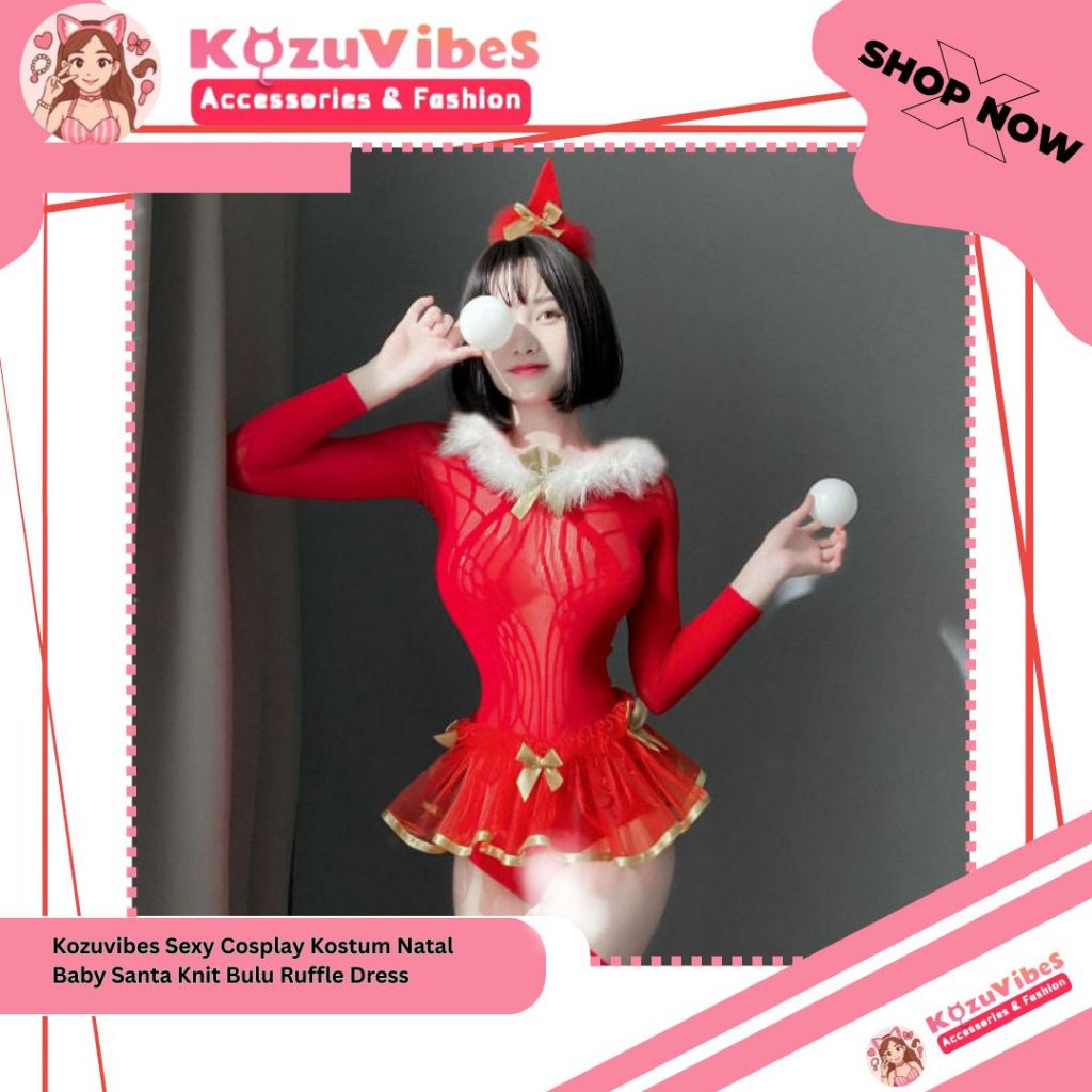 Kozuvibes Sexy Cosplay Kostum Natal Baby Santa Knit Bulu Ruffle Dress
