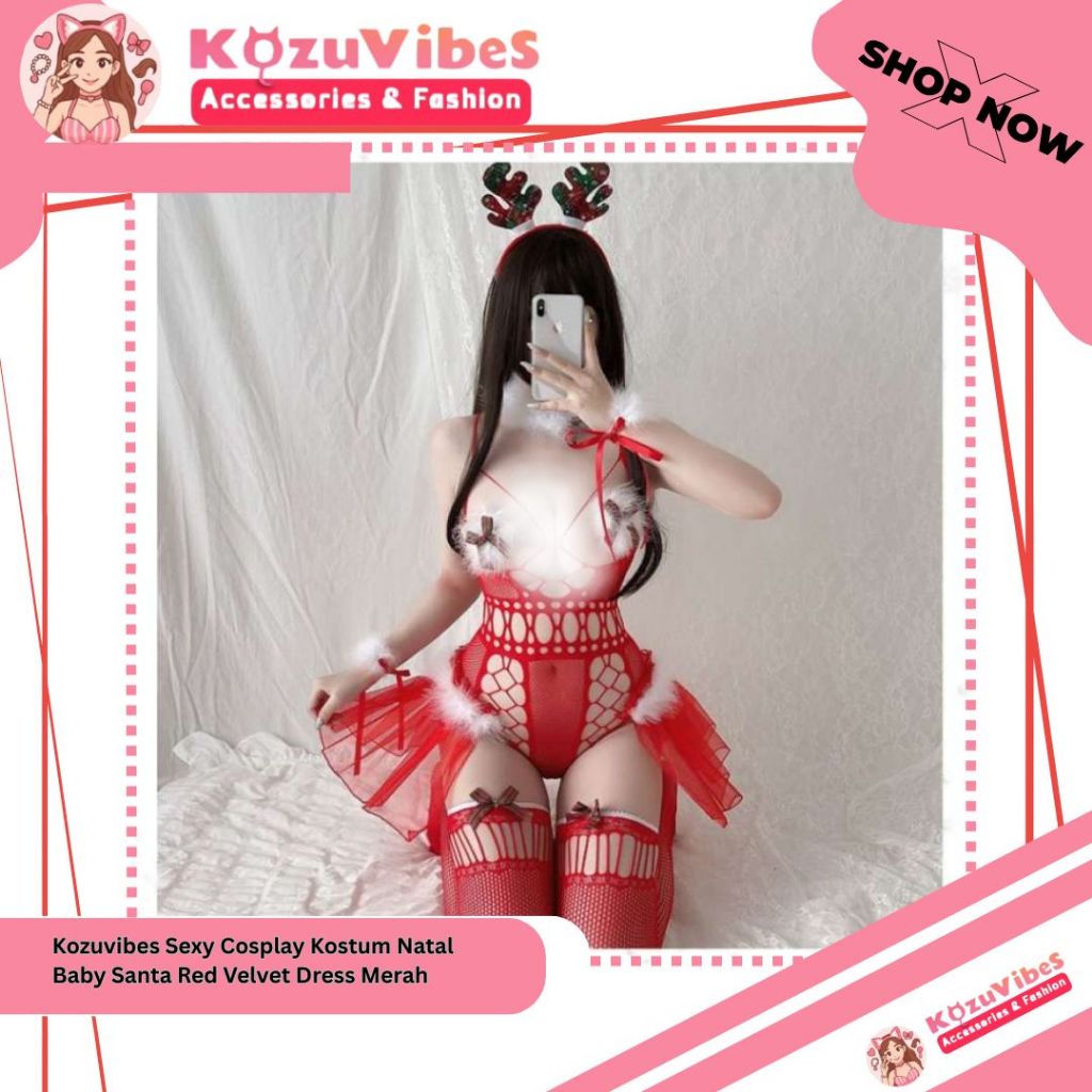 Kozuvibes Sexy Cosplay Kostum Natal Baby Santa Red Velvet Dress Merah