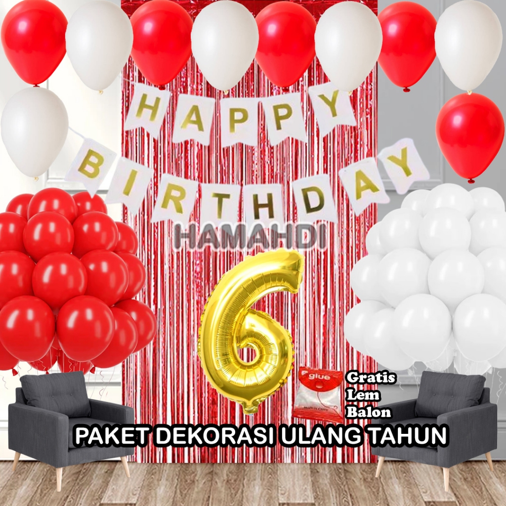 Paket Dekorasi Ulang Tahun Tirai Merah Banner HBD Putih Balon Metalik Merah dan Putih