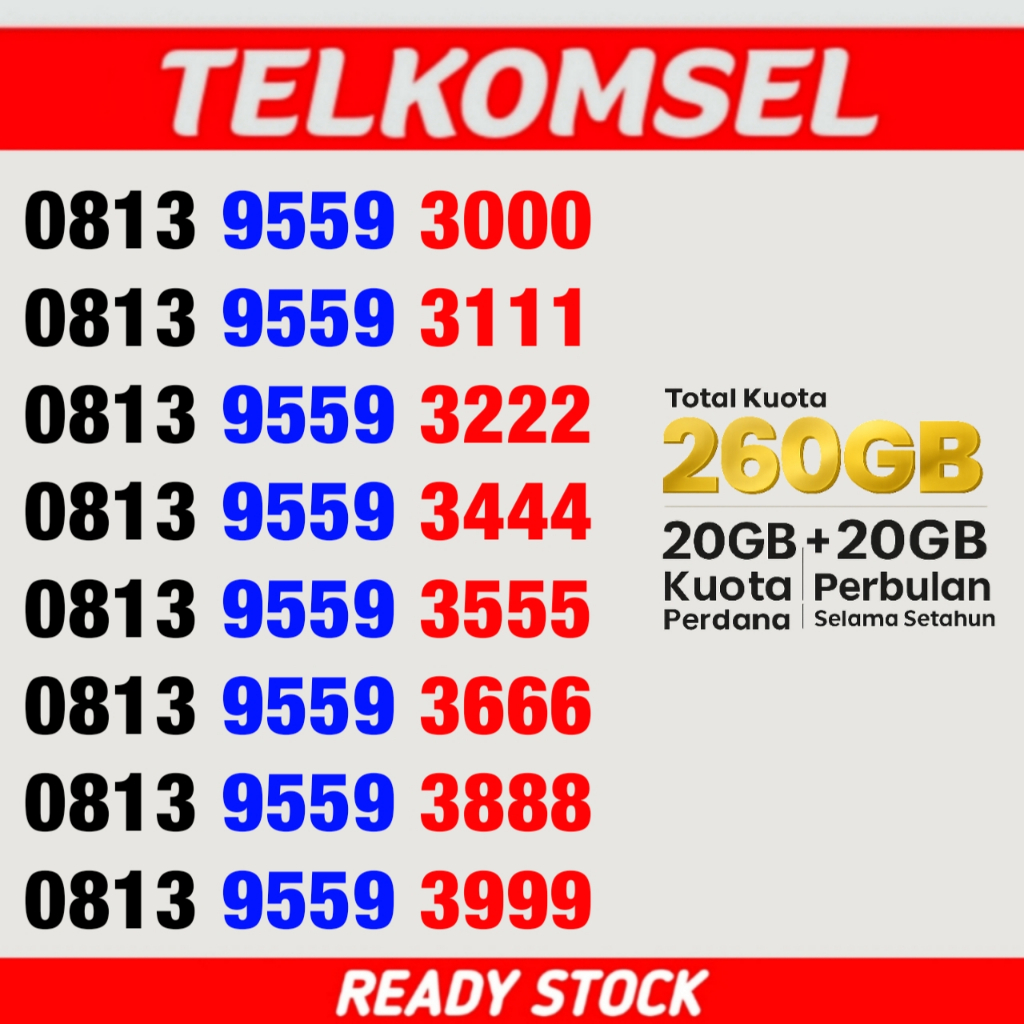 Kartu Perdana Nomor Cantik Telkomsel Spesial - 20GB - 0813 9559 3000 - 0813 9559 3111 - 0813 9559 32