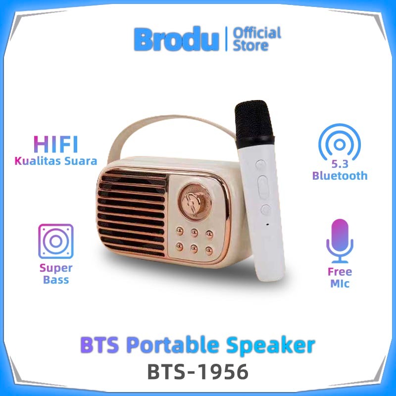 Speaker Karaoke Mini Brodu BTS-1956 Portable dengan Mic Wireless - Speaker Retro Full Range 12W Warn