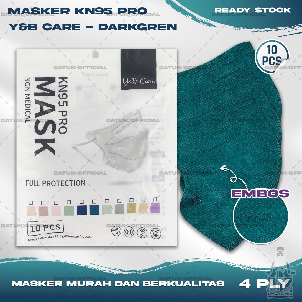 Masker KN95 PRO Y&B CARE 4Ply Isi 10Pcs Dark Green Hijau Army 95PRO KN 95 PRO 4 Ply Earloop Surgical