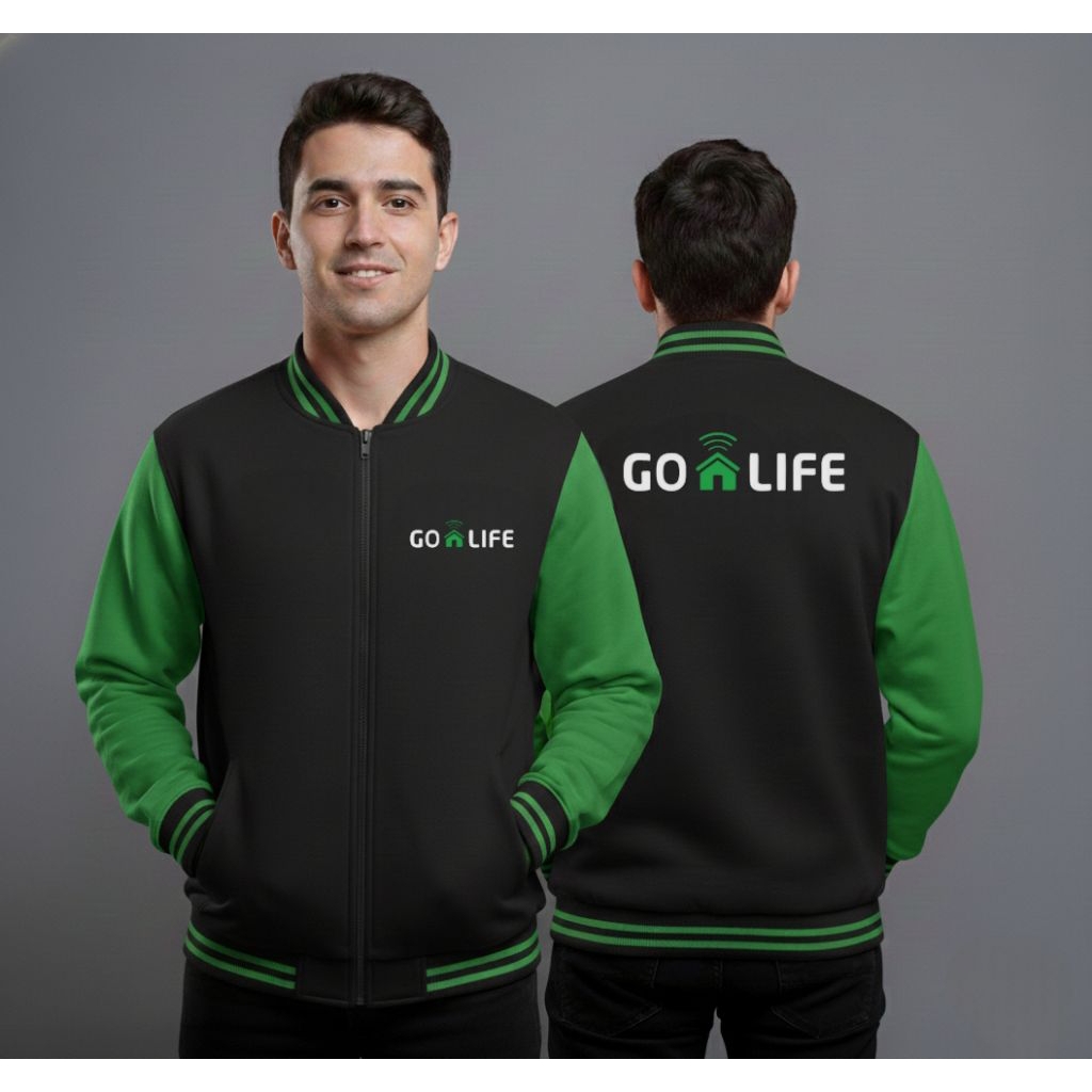 Jaket Baseball Sablon Go Life dan Go Clean Terbaru Unisex