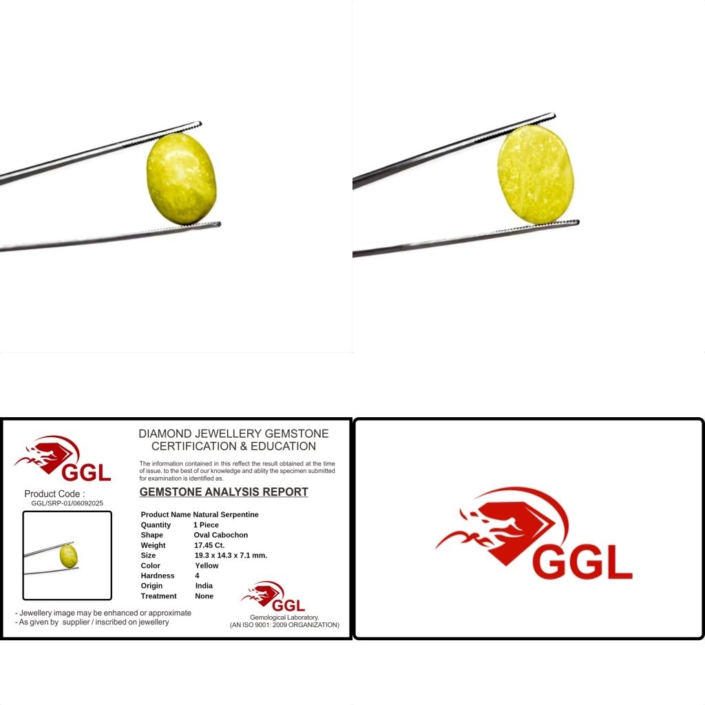 17.45 Ct. Natural Yellow Serpentine India Gemstone Memo Internasional