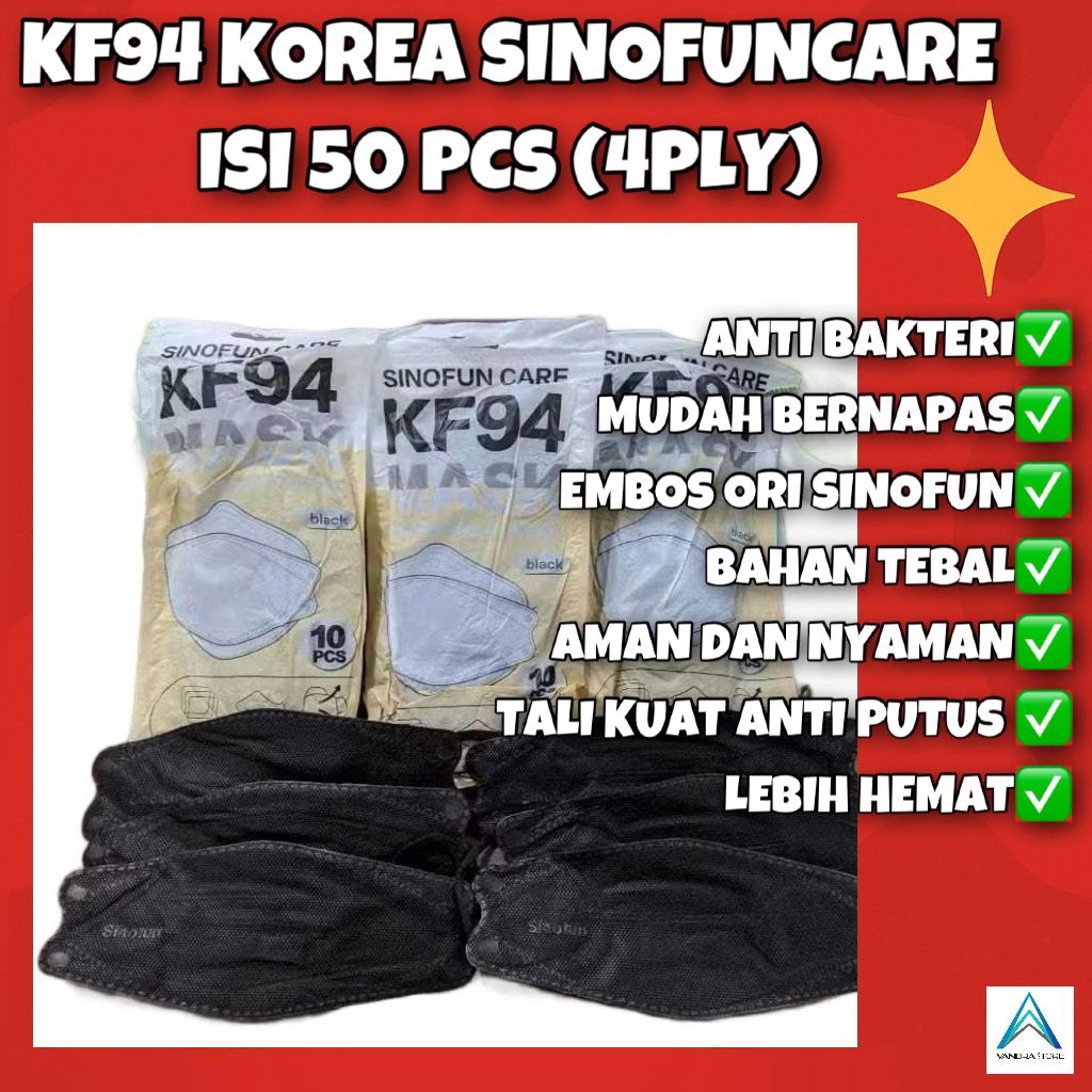 Masker KF94 Korea 4 Ply Isi 50 Pcs – Lekukan V, Ada Lapisan Putih Di Dalam, Tali Kuat Anti Putus