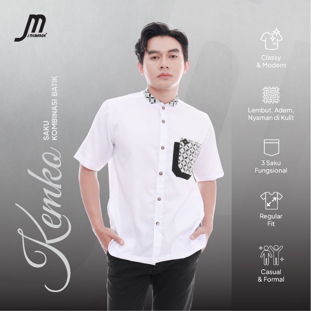Baju Koko Kemeja Jmubarok Atasan Pria Kemko Batik Katun Kombinasi Toyobo Premium Putih Nyaman Adem