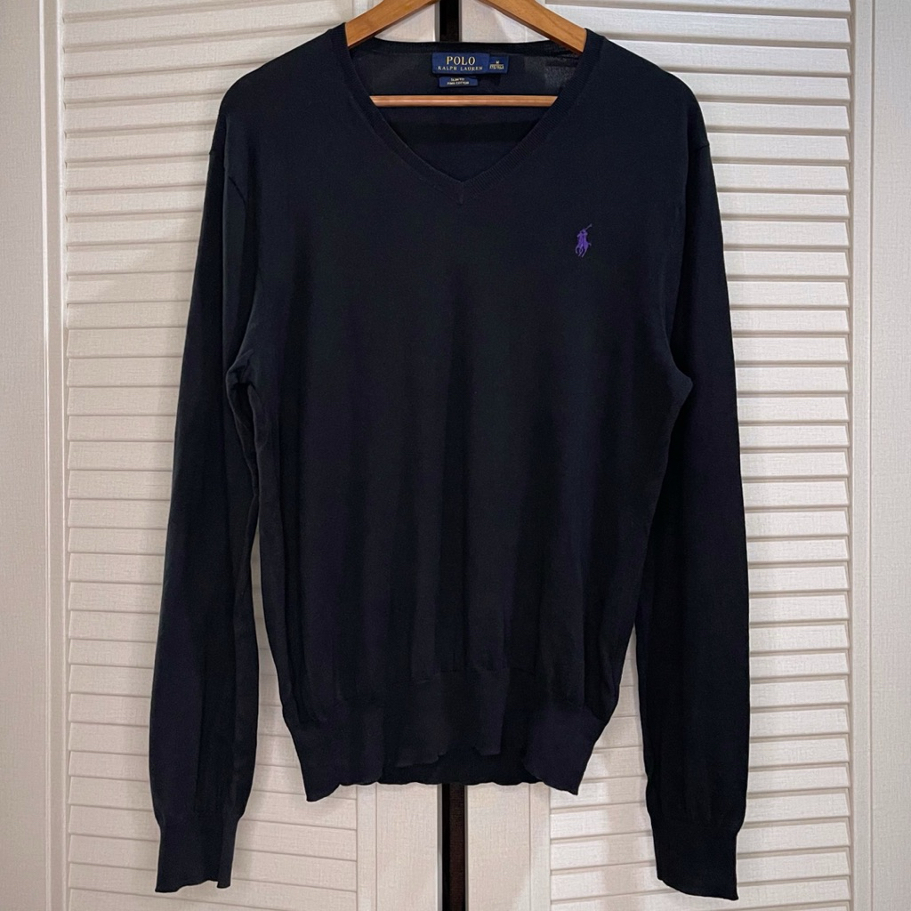 Polo Ralph Lauren - Slim Fit Cotton V-Neck Sweater - Black - Size M fit L