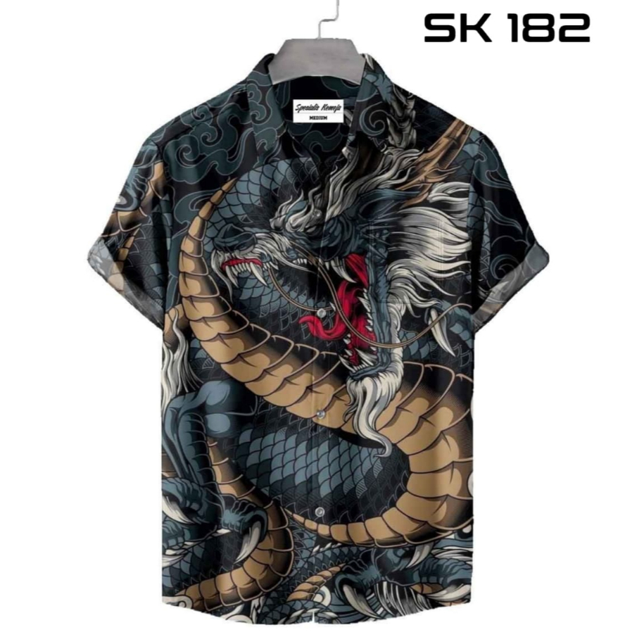 Kemeja Casual Pria Motif Naga Megah | Tattoo Style Nuansa Gelap Full Printing SK-182