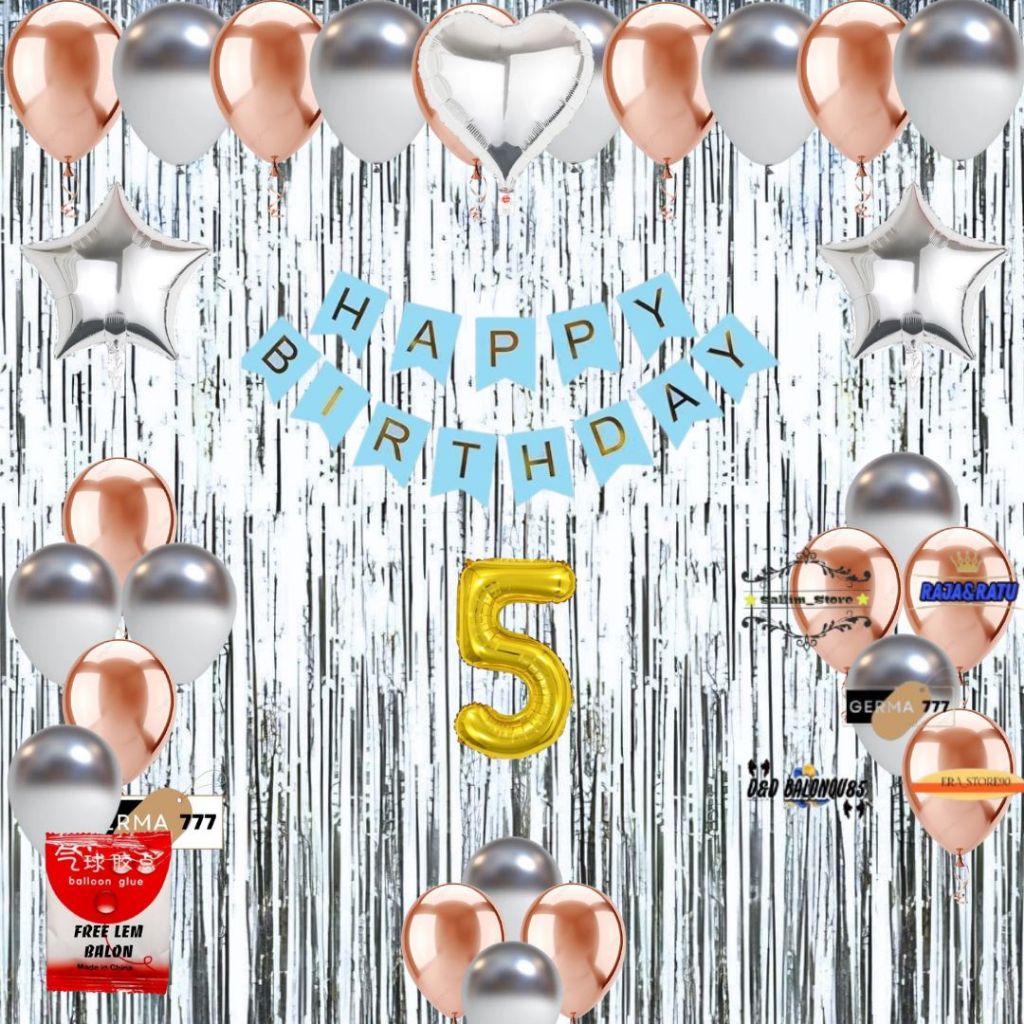 Paket Dekorasi Ulang Tahun Anak Balon Rosegold Mix Silver Dekor Banner Happy Birthday Biru Dewasa