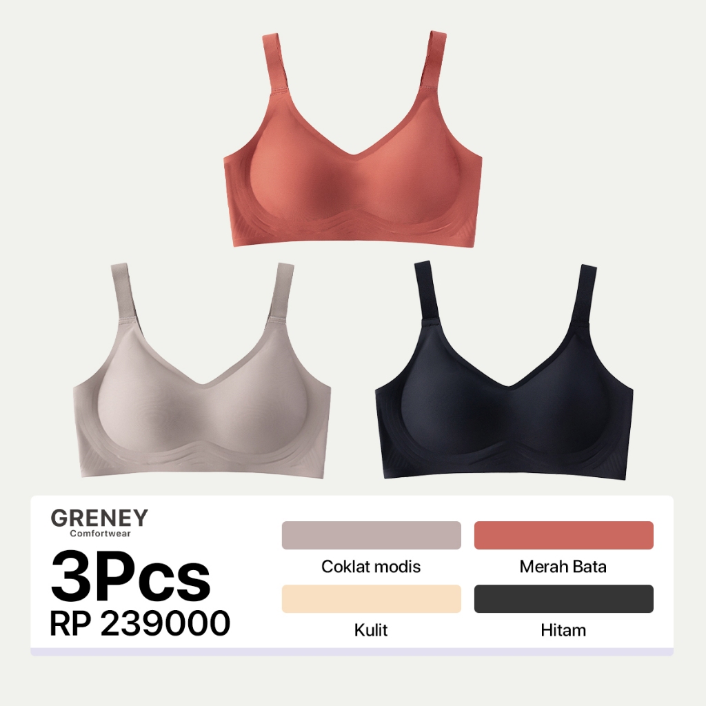 GRENEY-Gbras-Bra (3pcs) Bigsize Tali Bra Lebar Bergesper Pakaian Dalam Push Up Bra Wanita Sport Tanp
