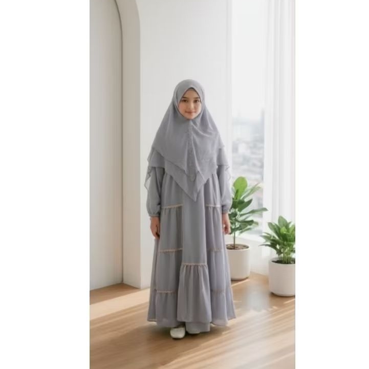 Gamis anak set kerudung syari bahan ceruti  muslimah dress