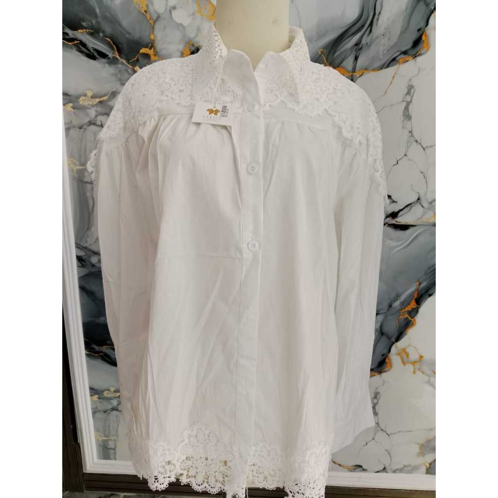 Blouse Wanita Putih Brokat Elegan Lengan Panjang | Atasan Kerja & Formal