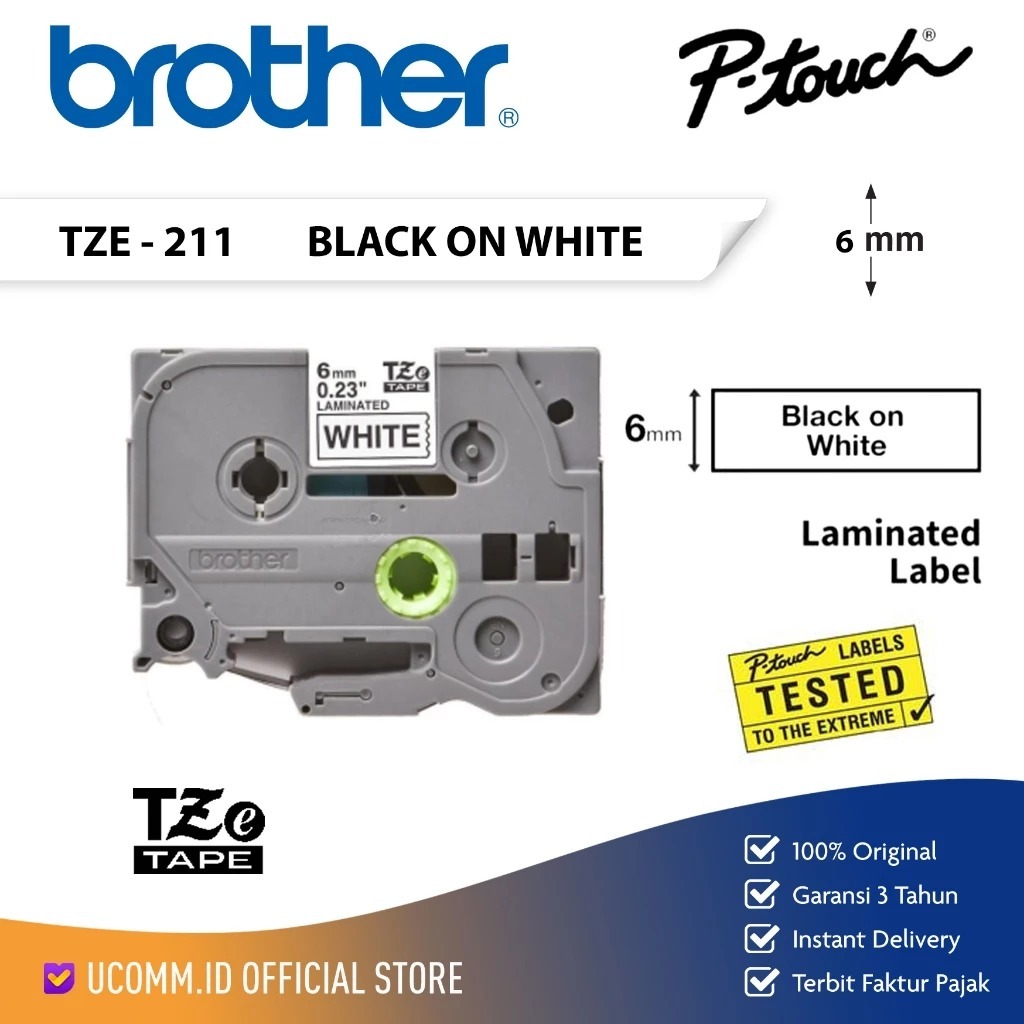 BROTHER Label Tape TZE-211 Laminated 6mm Black On White Label Tape Tze 211 Tze211 Original