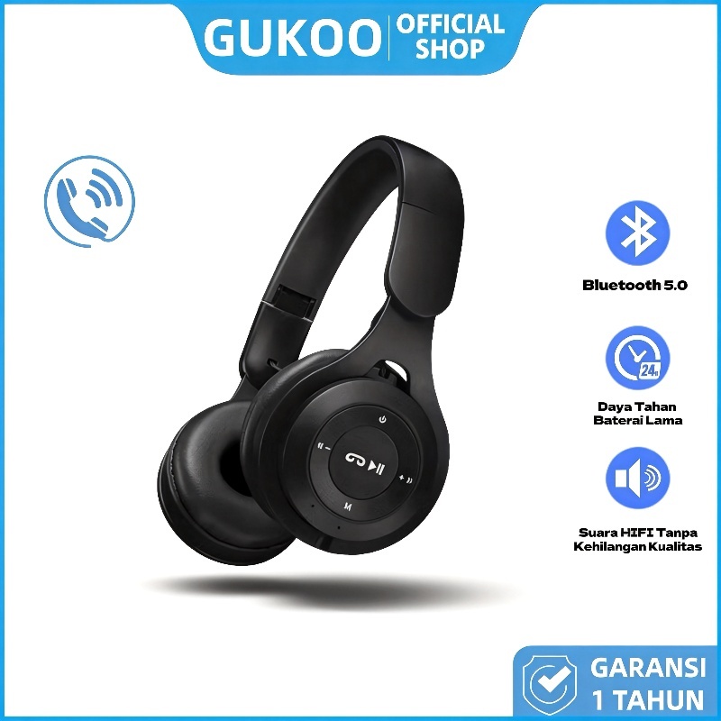 GUKOO Headset Gaming Bluetooth Wireless - High Bass, Mic Noise Cancelling, Nyaman Dipakai