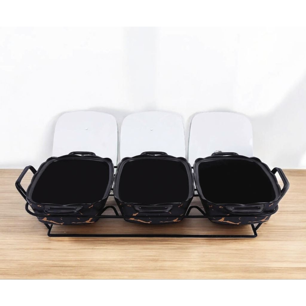 wadah saji Vicenza Bm915 Hitam marmer, fungsi penghangat makanan dengan tiga wadah makanan, size 900