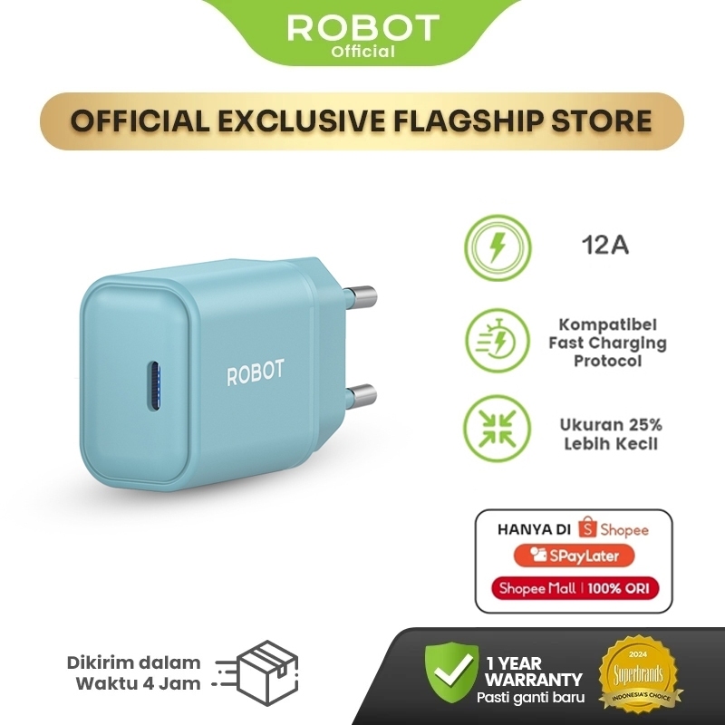 ROBOT Adaptor Kepala Charger iPhone 17 16 15 & Android GaN 20W PD Fast Charging Samsung with Kabel T