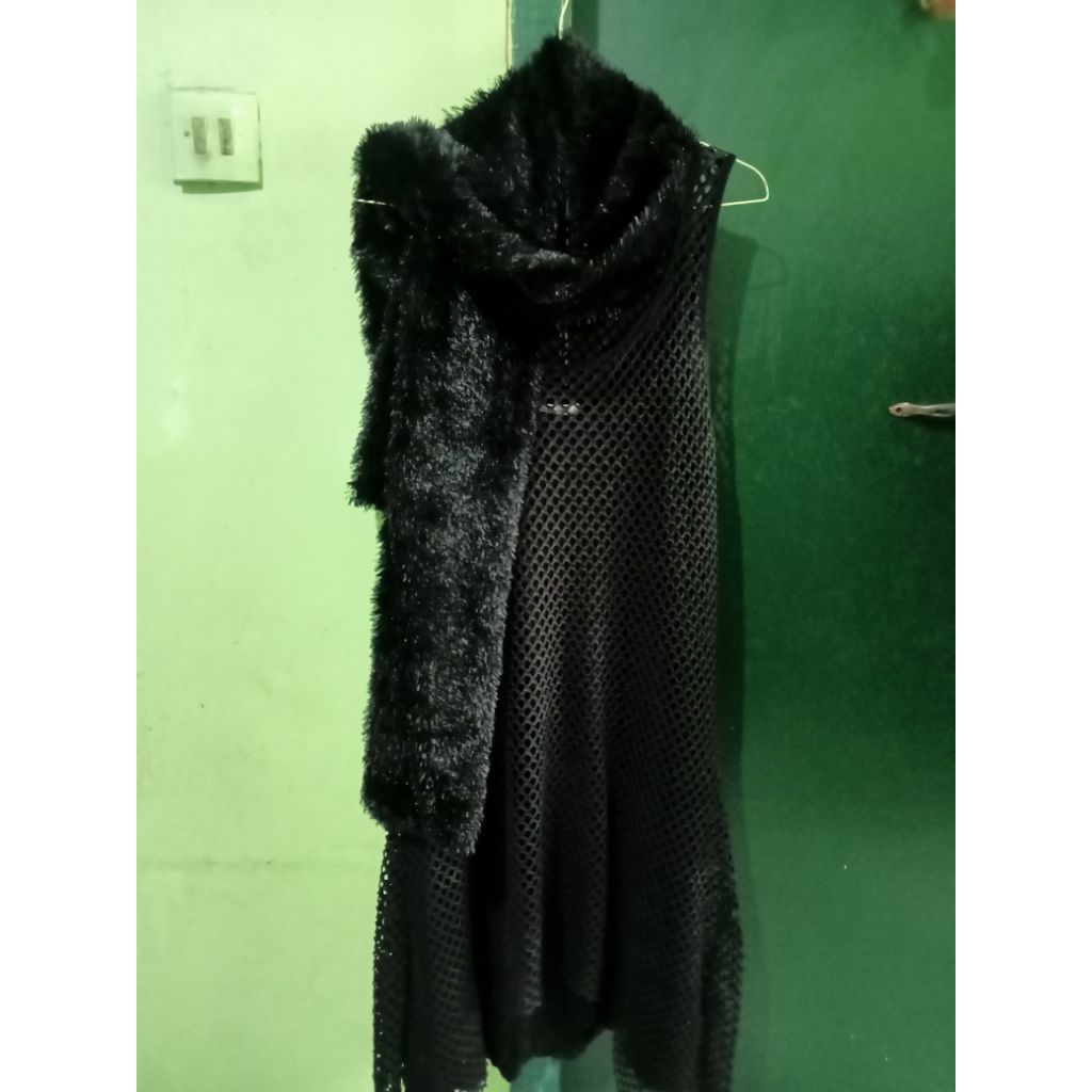 One Set Gothic Y2k Syal Bulu Inner Katbol Outer Jaring Hitam Hitam
