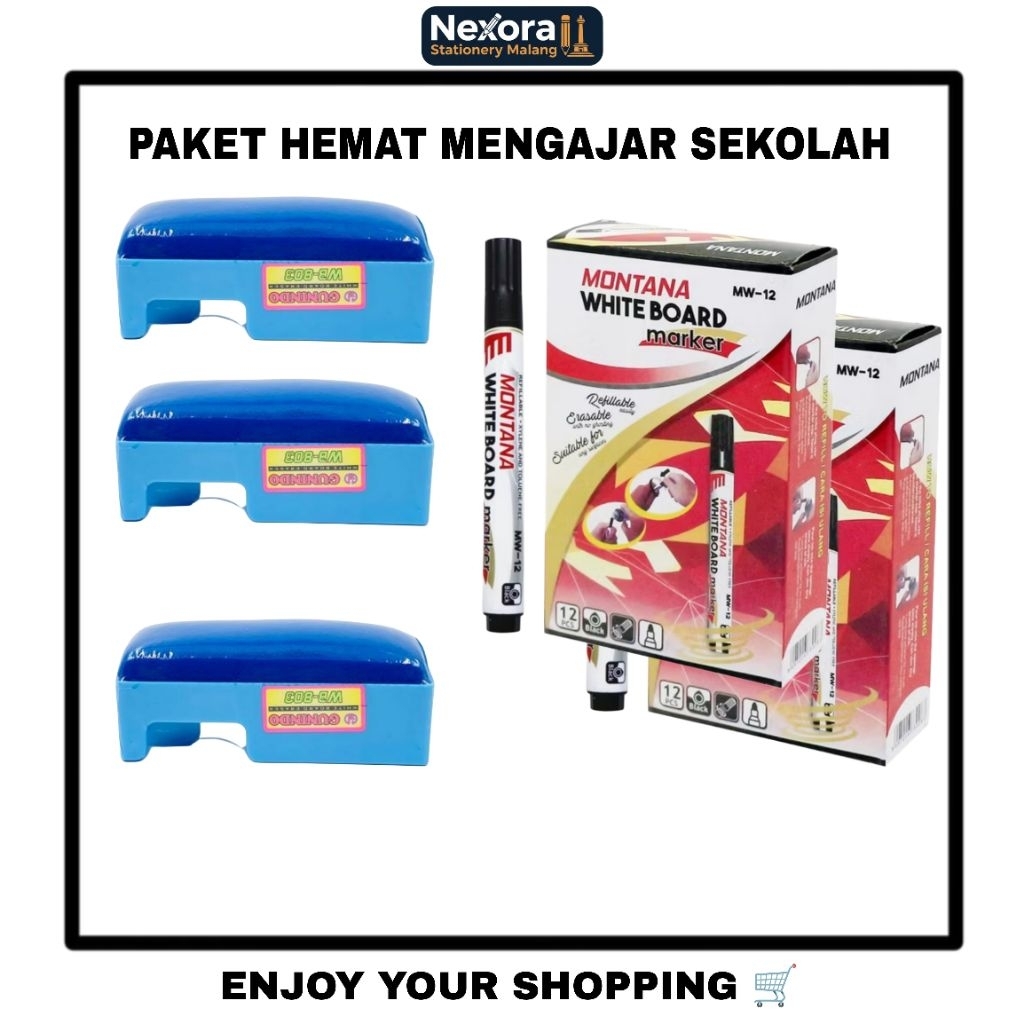Paket Spidol whiteboard Montana 1 Pack isi 12  + Penghapus Papan Tulis 1 Pcs | ATK Sekolah & Kantor 