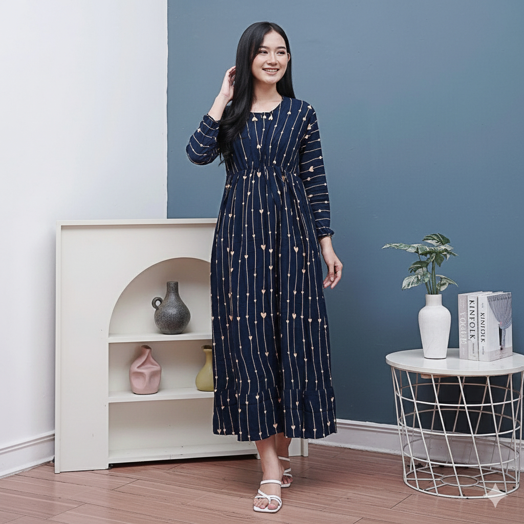Midi Dress Daster Wanita Moitf Galaran Sakti Rayon Lengan Panjang Kerut Dada Busui