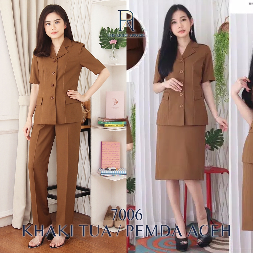 Grade Ori Blazer Seragam Wanita Kerah Jas Lengan Pendek Set Celana Panjang / Rok Pendek Warna Khaki