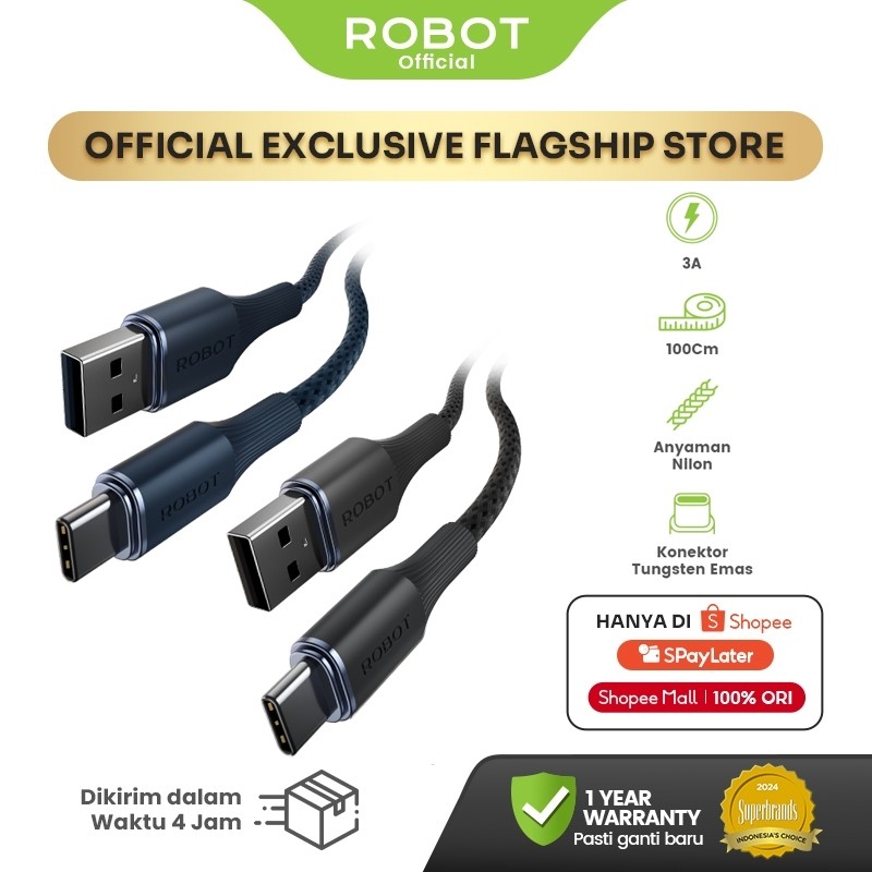 ROBOT Kabel Data Fast Charging Type C Micro USB Lightning Pengisian dan Transfer Data Cepat 480Mbps 2in1 Kuat Anti Kusut RNC/RNCC/RNL/RNCL/RNM Original - Garansi 1 Tahun