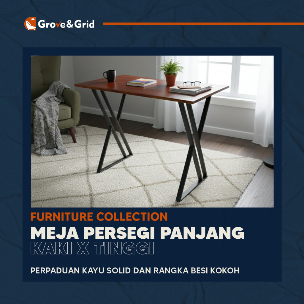 MEJA RAKIT - MEJA KAYU PORTABLE KAKI BESI X TINGGI 75 CM