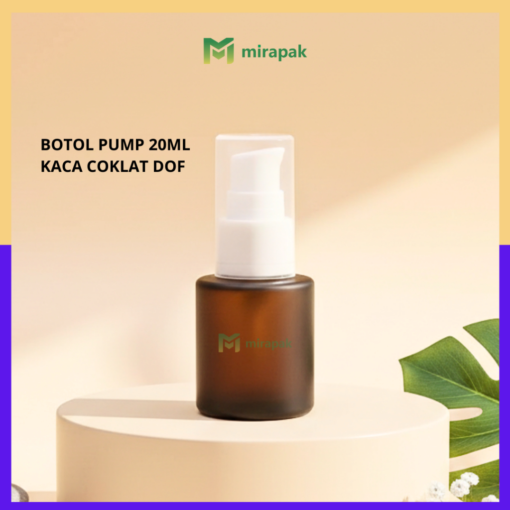 BOTOL PUMP LOTION 20ML COKLAT DOF FROSTED BAHU DATAR KACA TEBAL - TUTUP PUMP PUTIH FULL COVER BENING
