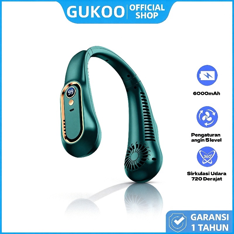 GUKOO Kipas Angin Leher Portable, 5  Speed, Baterai Tahan Lama, Ringan & Nyaman