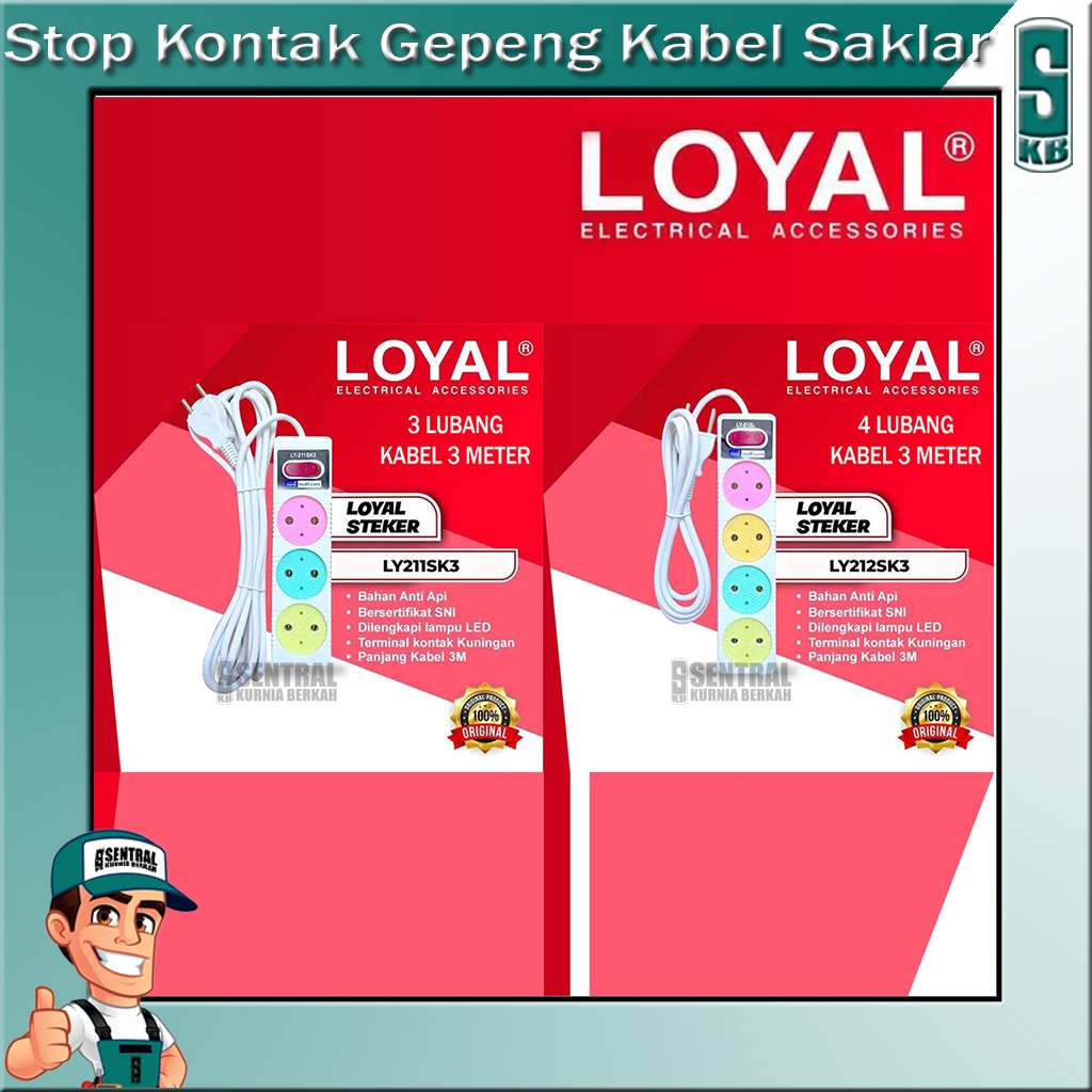 Stop Kontak Datar Gepeng + Saklar 3LB | 4LB Kabel 3M Loyal