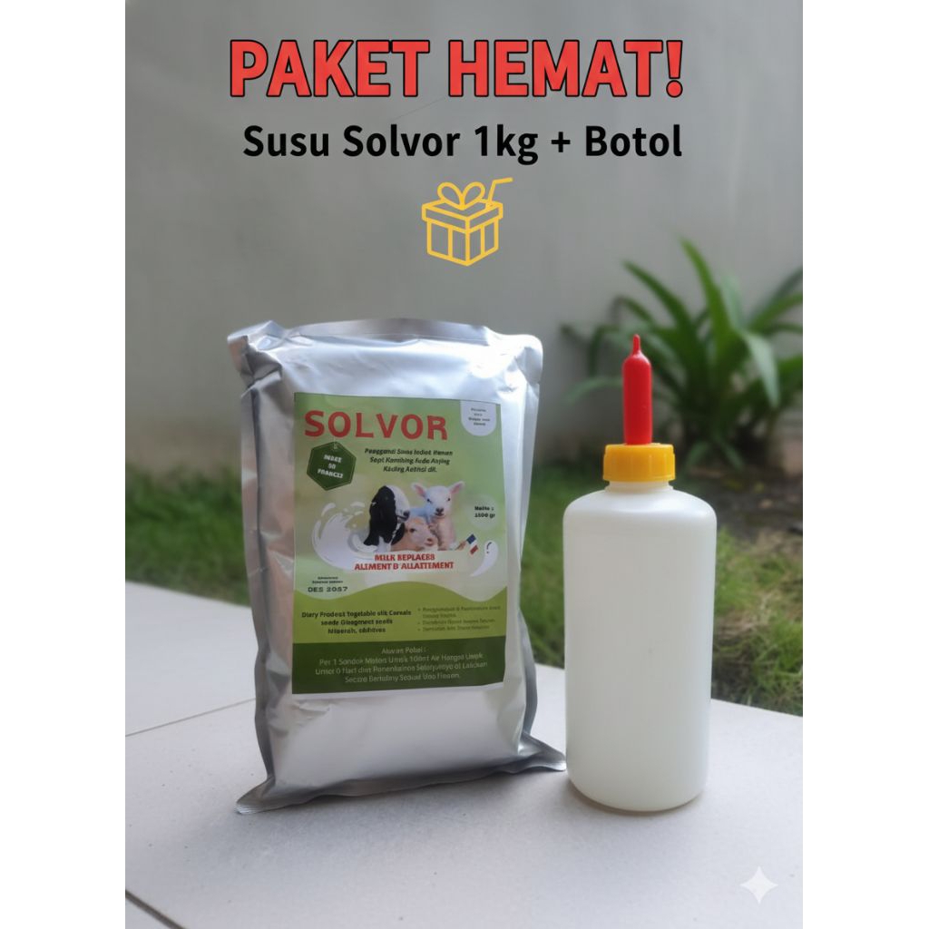 PAKET HEMAT BOTOL & DOT + SOLVOR SUSU PENGGANTI INDUKAN UNTUK TERNAK KAMBING, SAPI DAN DOMBA