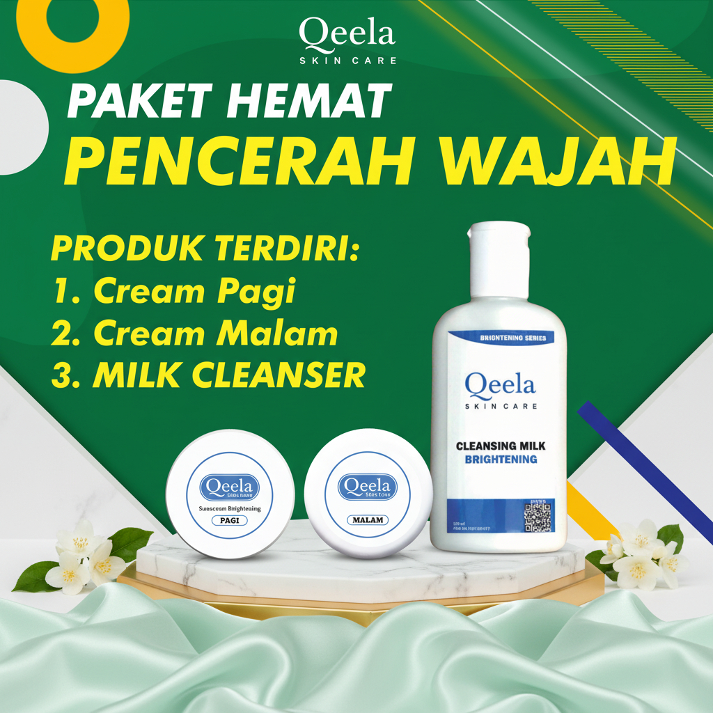 Paket Pencerah Wajah Qeela Skincare Krim Pagi Malam dan Milk Cleanser/Skincare Remaja Pencerah Wajah
