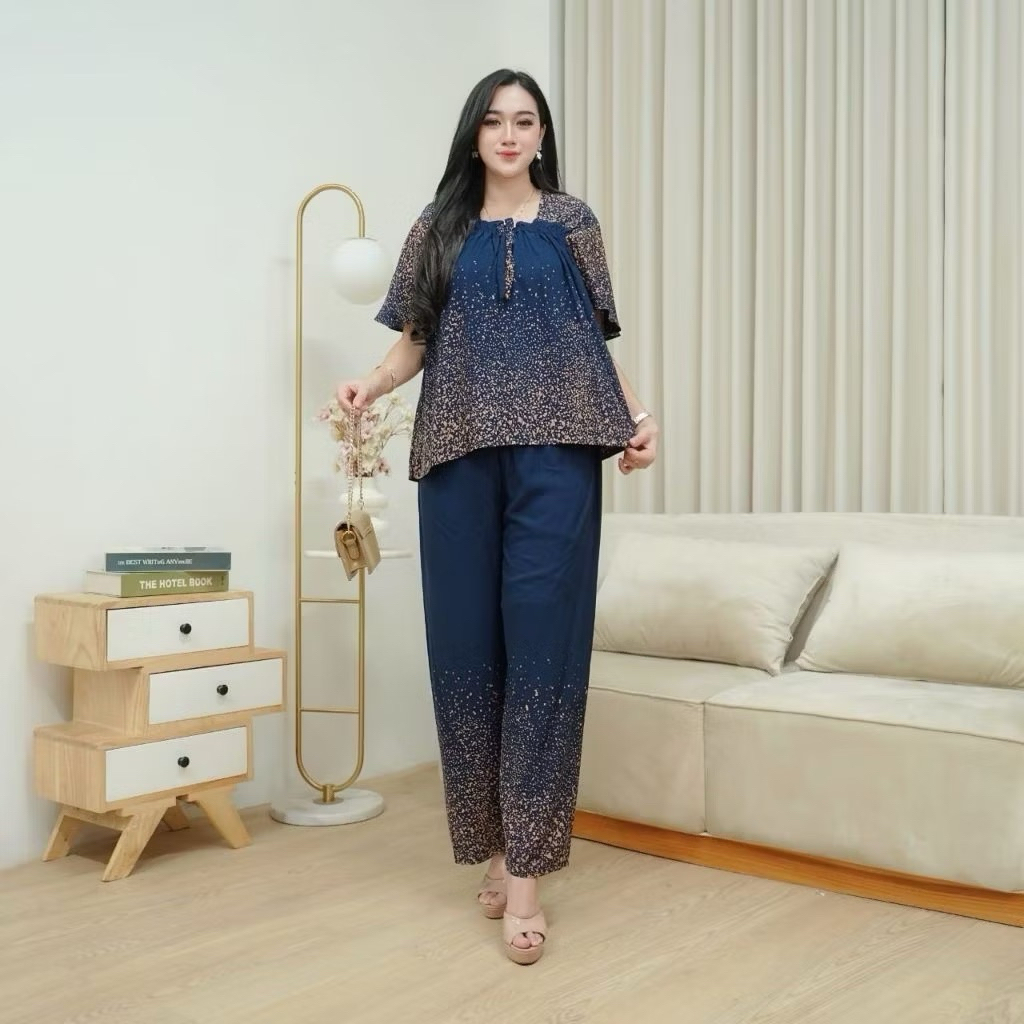 One Set Setelan Fuji Bahan Rayon Premium Motif Kerlip Celana Panjang