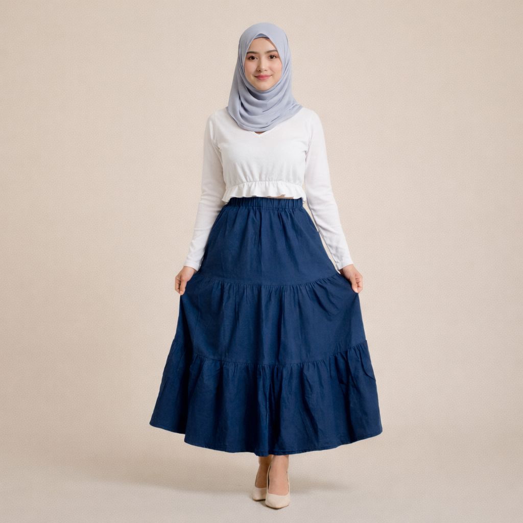 Rok Jeans Susun Pinggang Karet Rok Jeans Wanita Ruffle