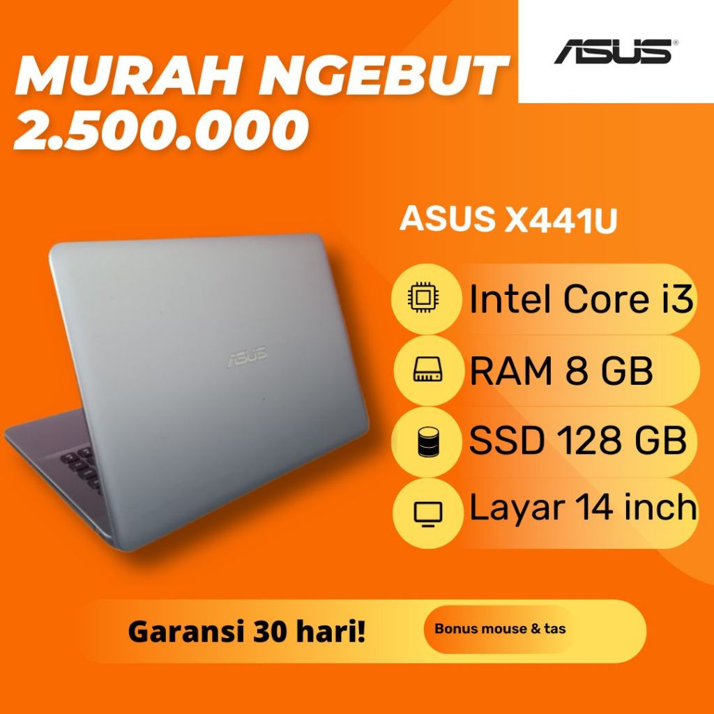 Laptop ASUS Vivobook X441U Silver Intel Core i3 7020U RAM 8GB SSD Windows 10 Second Bekas