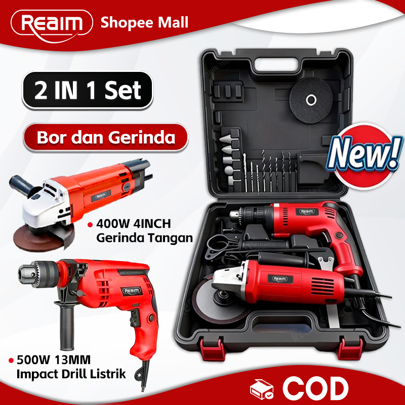 Reaim Bor Dan Gerinda 13MM Bor Listrik Set Lengkap Mesin Bor Listrik Mesin Gerinda Listrik
