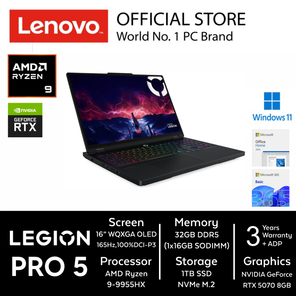 Lenovo Legion Pro 5 2FID AMD Ryzen 9-9955HX 32GB 1TB 16"WQXGA OLED RTX5070 8GB Win11 OHS