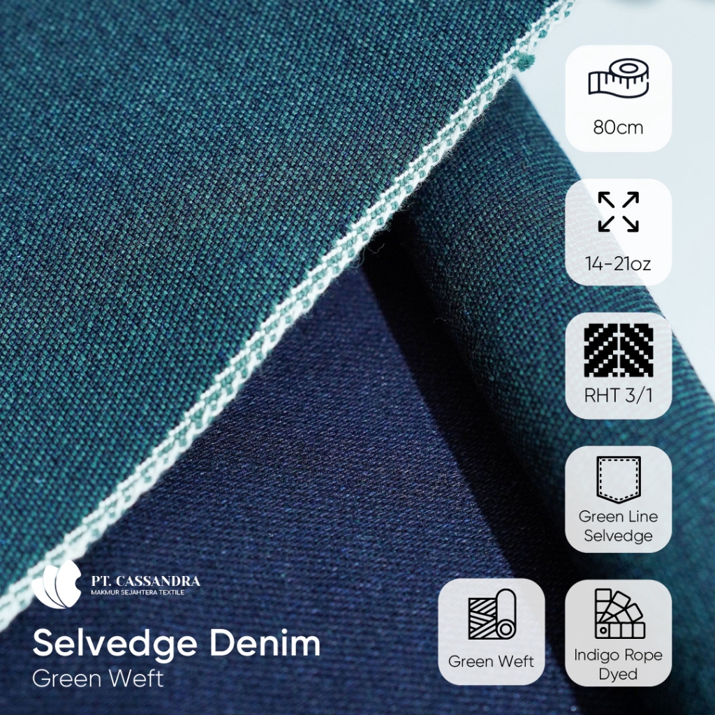 Kain Denim Green Weft Selvedge Line, 14-18 oz, Green Line Selvedge, Raw | Cassandra Textile