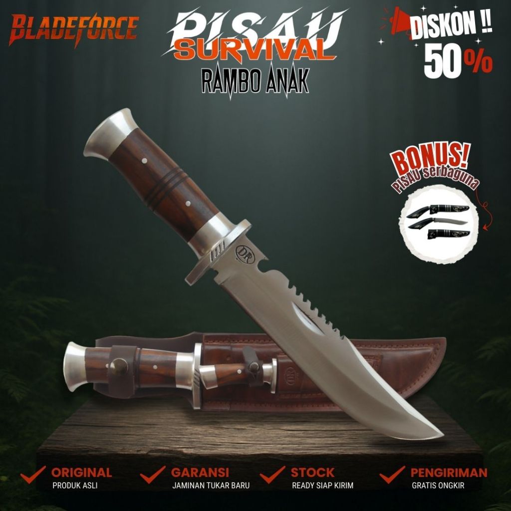 Pisau Rambo Petualang - Baja Sarung Kulit Asli