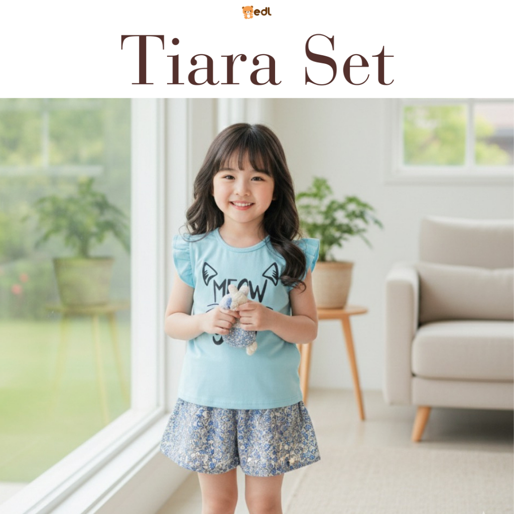 EDL Baby - Setelan Rok Pendek Tangan Pendek Anak Perempuan Ungu Biru Pink Katun Motif /Tiara set