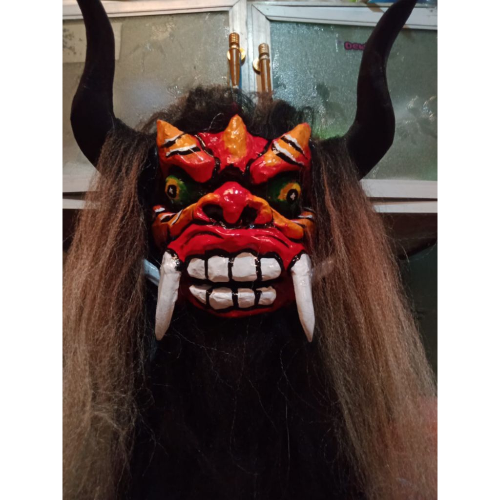 Topeng Kebo Giro Anak BISA COD Mainan Kesenian Jawa dengan Rambut Panjang dan Tanduk Hitam untuk Ana